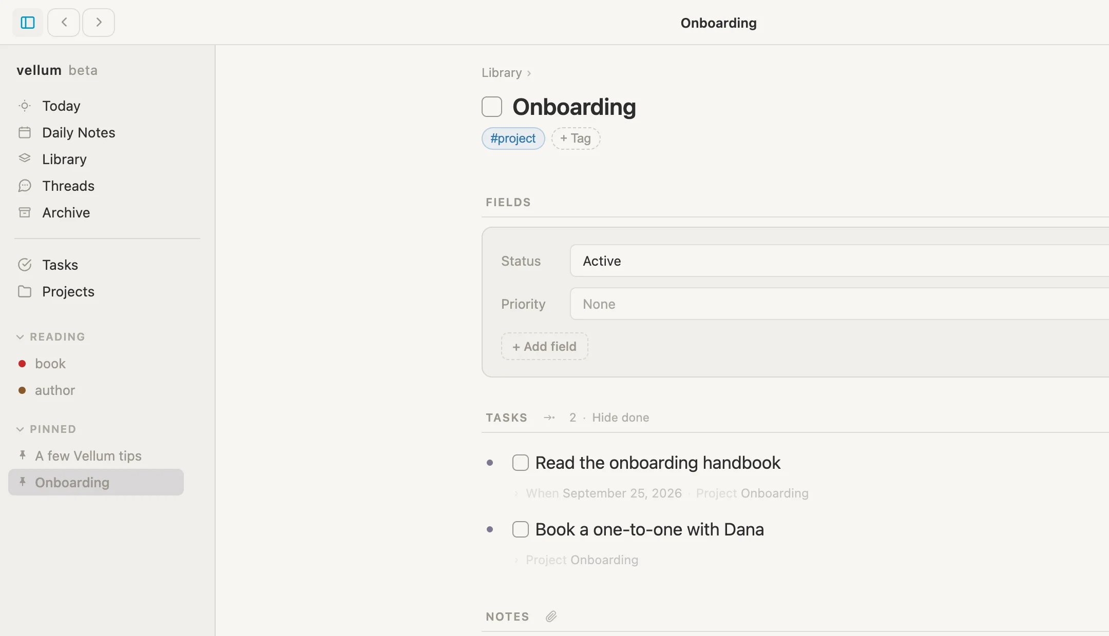 The rail open, with Onboarding pinned under Pinned, and the Onboarding page beside it
