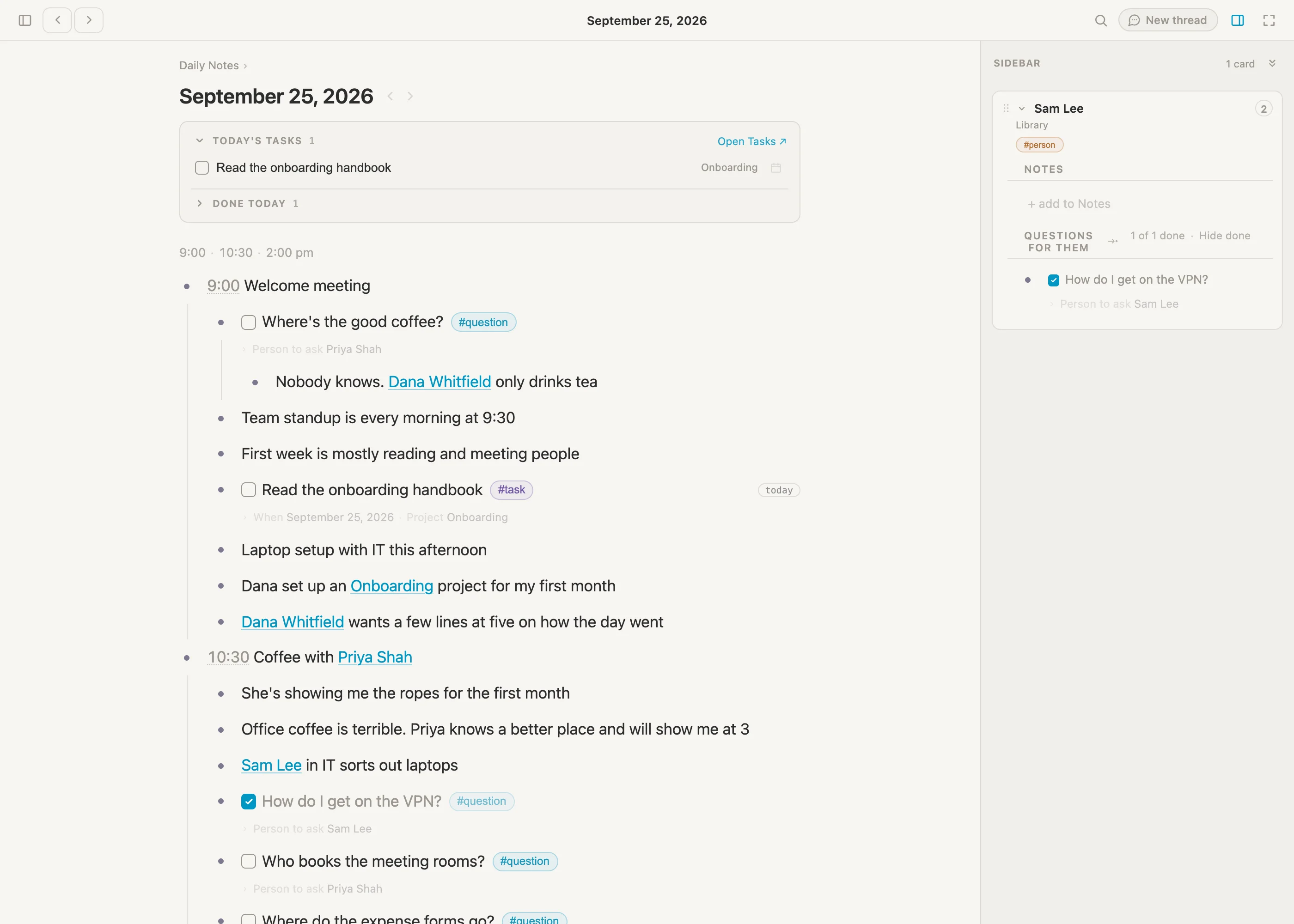 Today's page on the left, and Sam's card in the sidebar on the right with the VPN question ticked