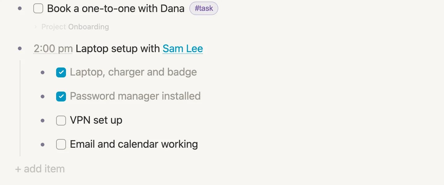 The 2:00 pm laptop setup with Sam Lee, four steps with checkboxes, the first two ticked