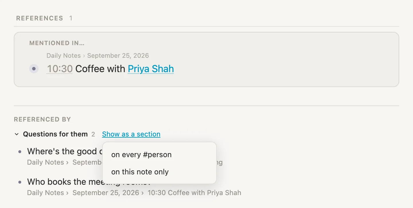 Show as a section offering on every #person or on this note only