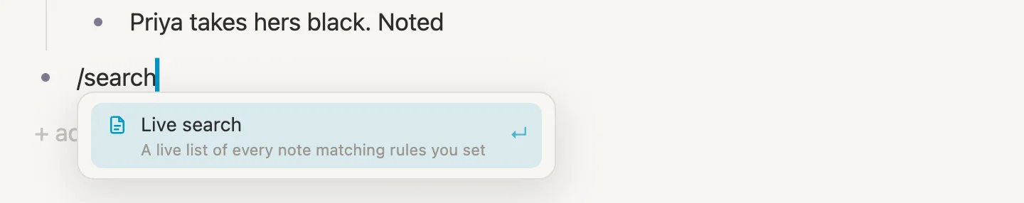 Typing /search, with Live search offered