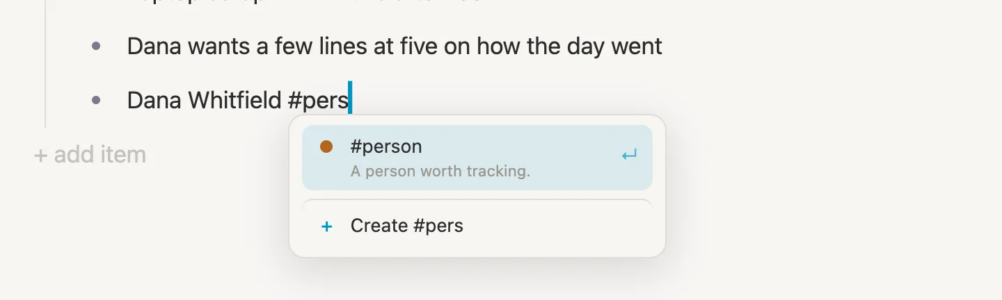 Typing Dana Whitfield #pers, with #person offered at the top of the list and Create #pers under it