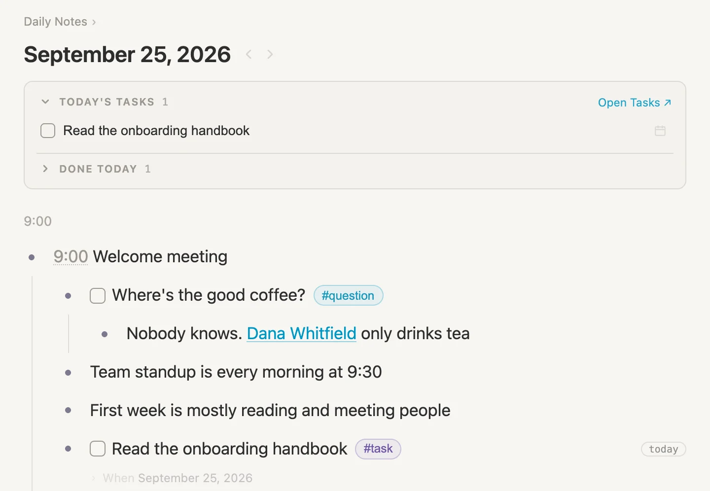 The handbook in the Today's tasks box, and down in the meeting the same task marked today, with When September 25, 2026 under it
