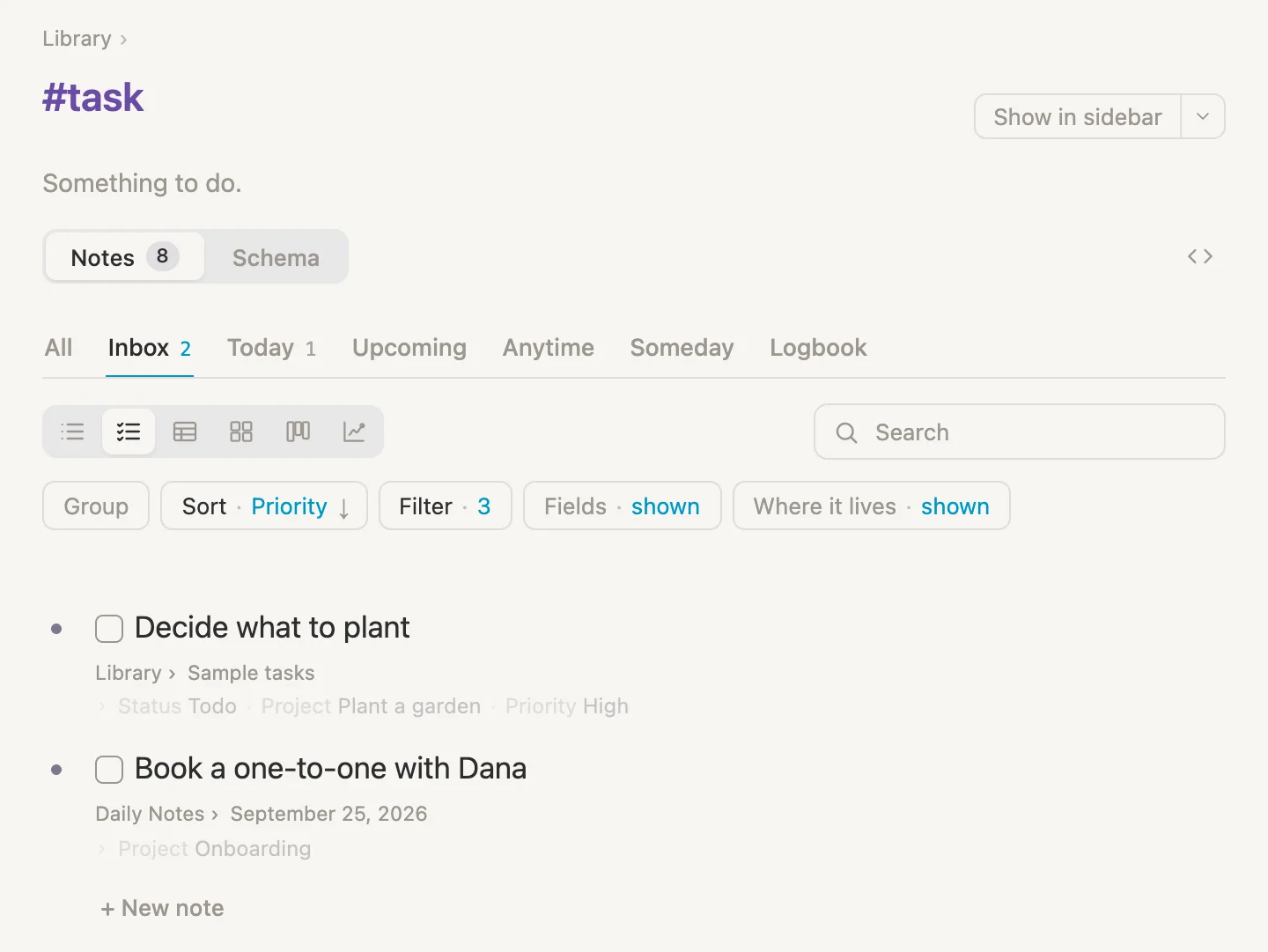 The Inbox tab: Decide what to plant, and Book a one-to-one with Dana