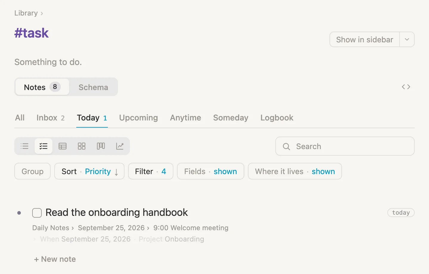 The Tasks page open on Today, showing the handbook