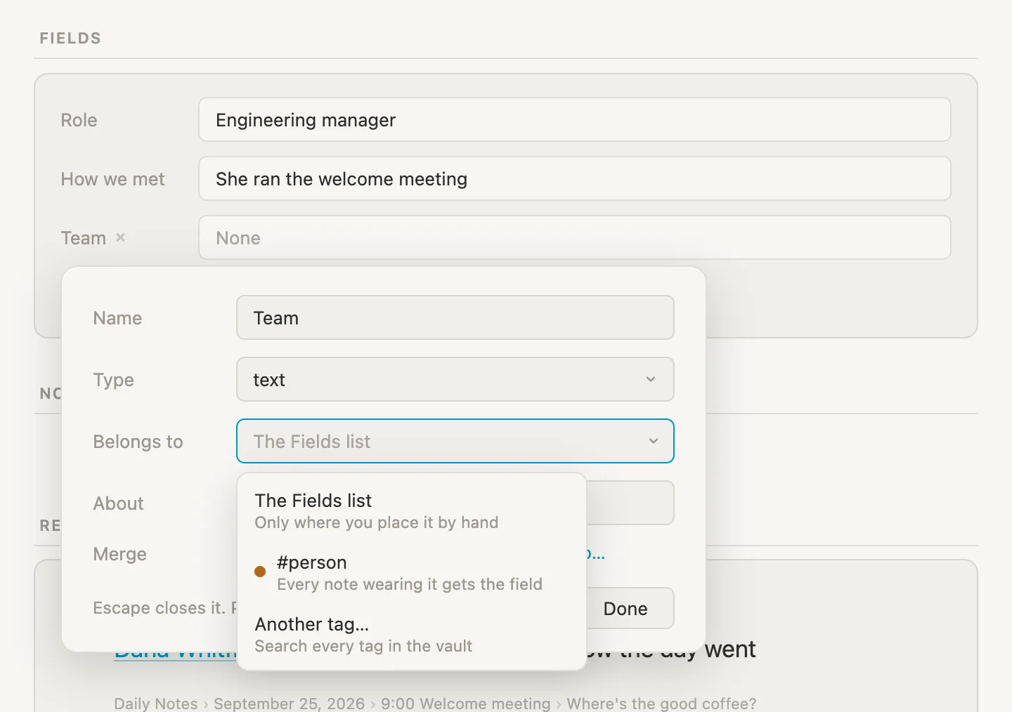 The Belongs to box open: The Fields list, #person, and Another tag