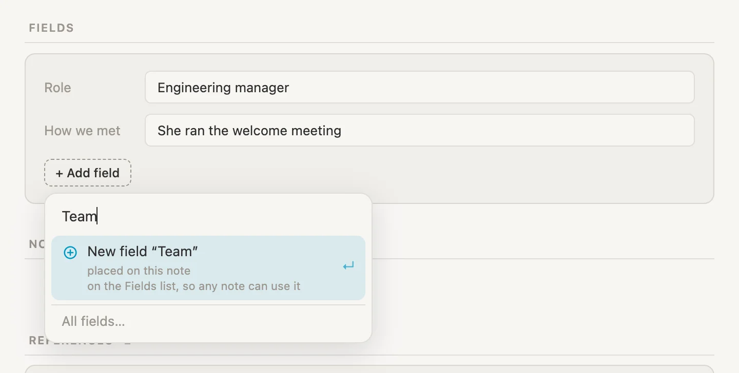 The Add field box with Team typed, offering New field Team