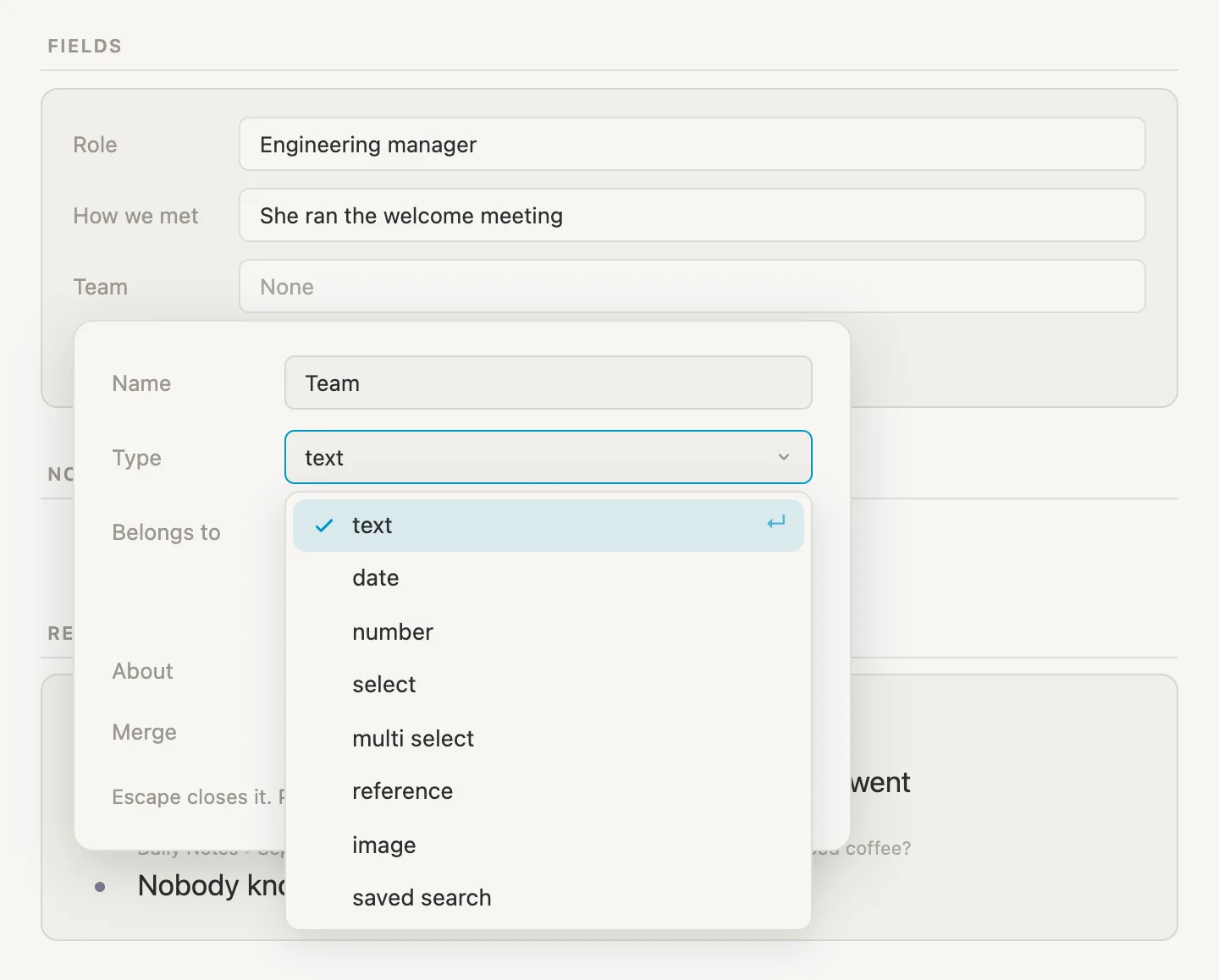 The Type list: text, date, number, select, multi select, reference, image, saved search