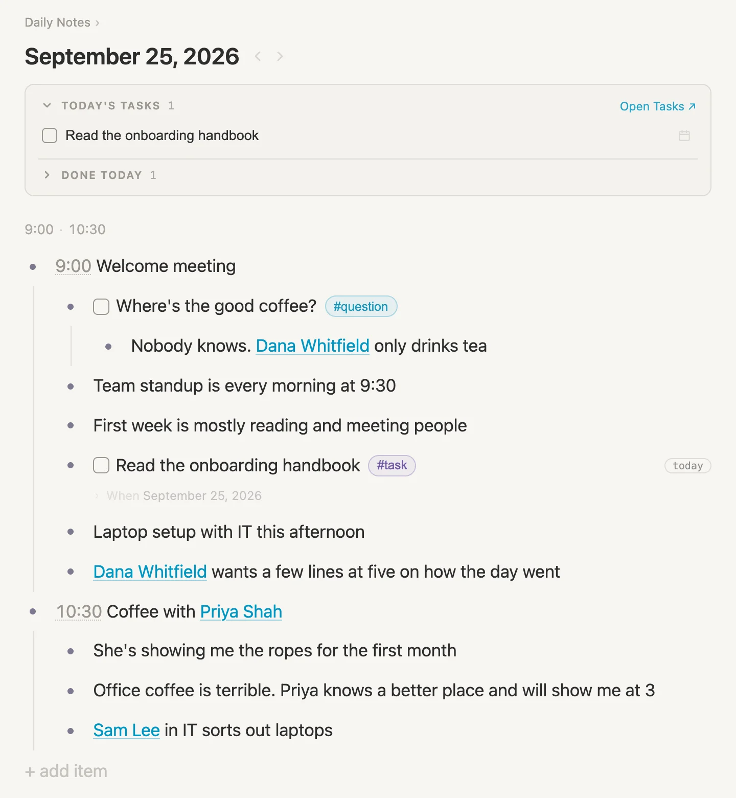 Today's page with the people moved out: the two meetings and their notes, with every link still in place
