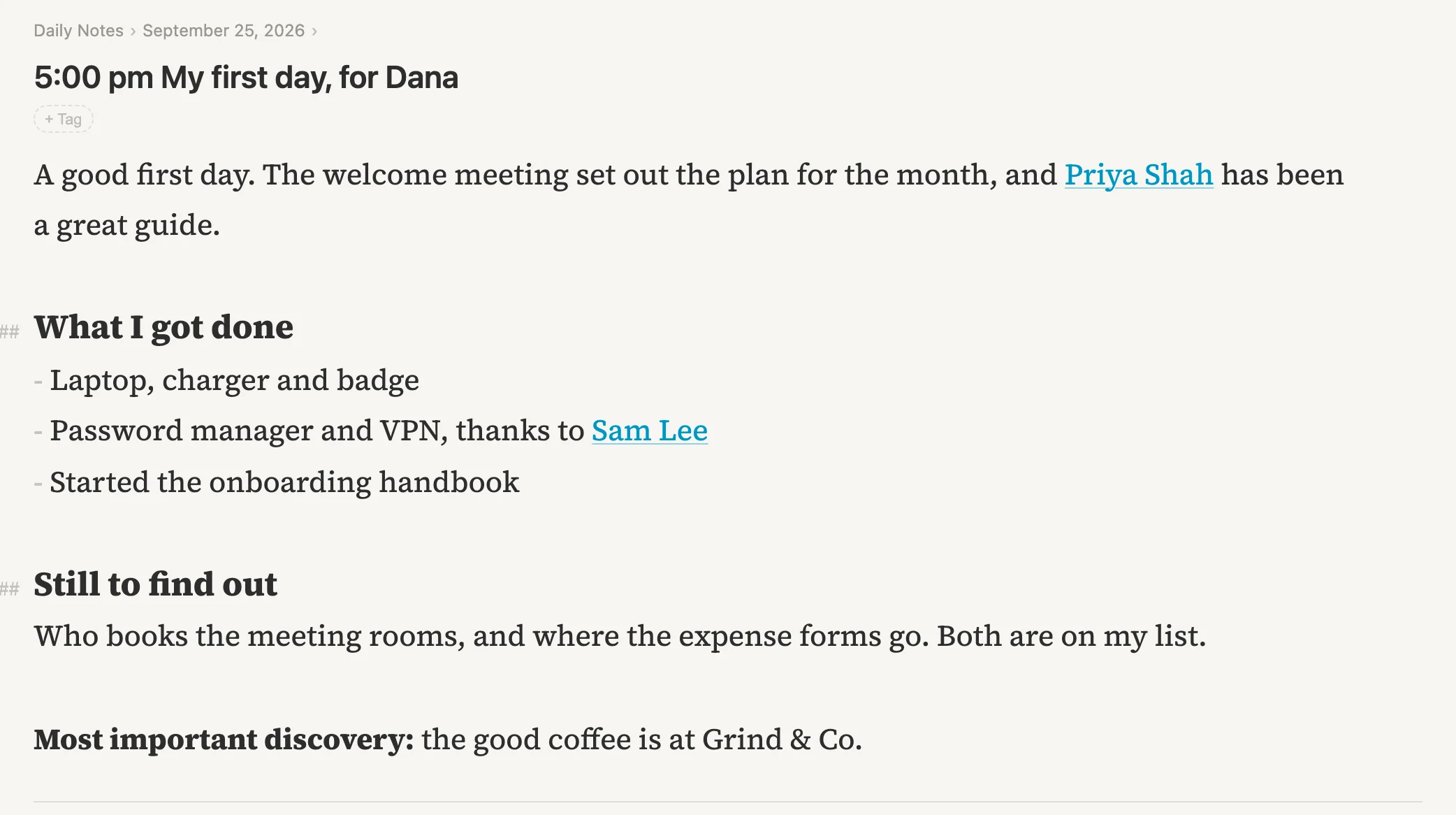 The write-up: a paragraph linking Priya Shah, two headings, a list linking Sam Lee, and a bold line about the coffee