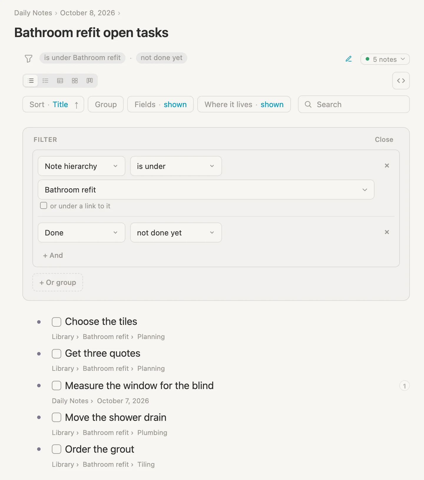 The same search with a second rule, Done not done yet, and five open tasks