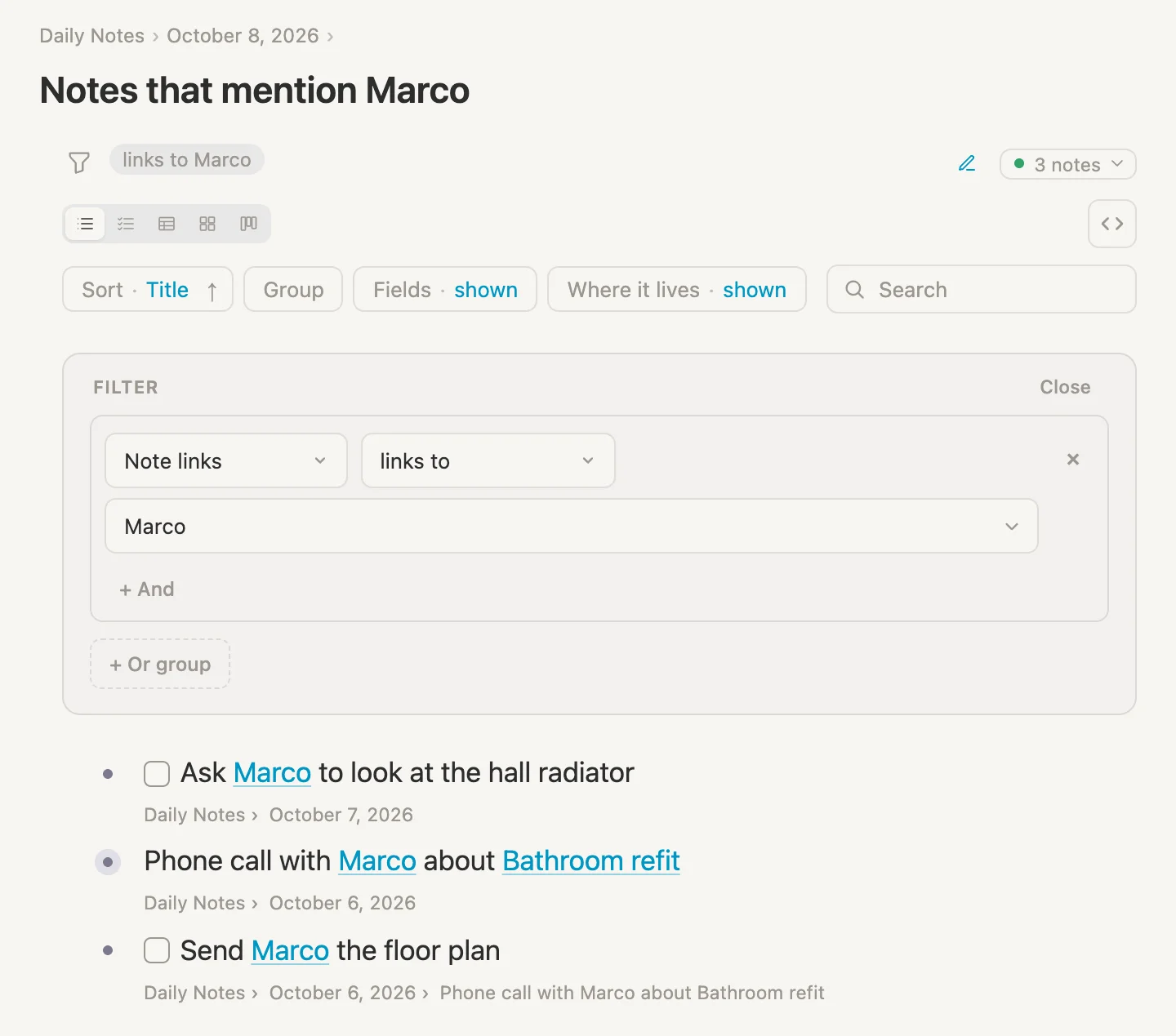 The search Notes that mention Marco, with one rule, Note links links to Marco, and three results