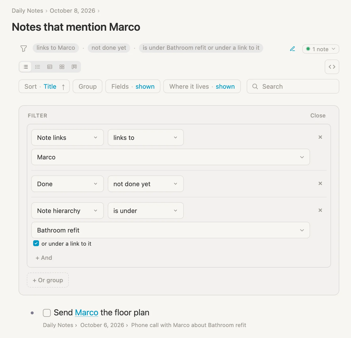 Three rules, links to Marco, not done yet, and is under Bathroom refit or under a link to it, and one result: Send Marco the floor plan