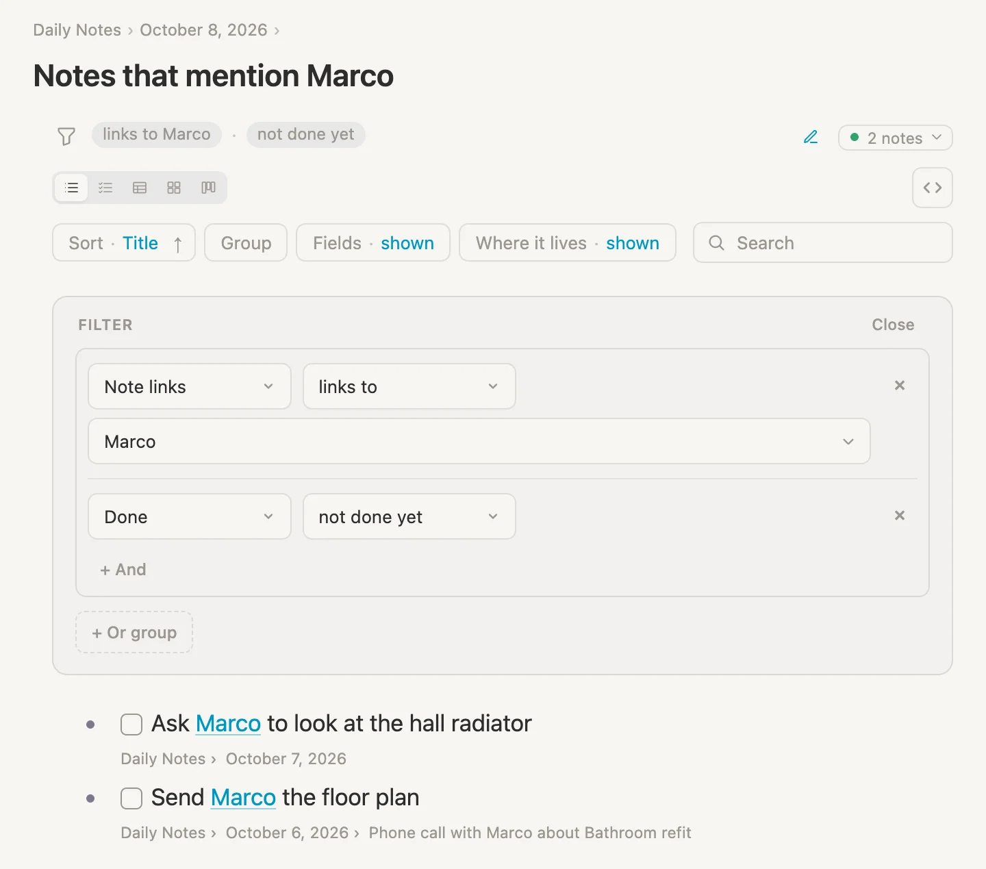 Notes that mention Marco with a second rule, not done yet, and two results: the hall radiator and the floor plan