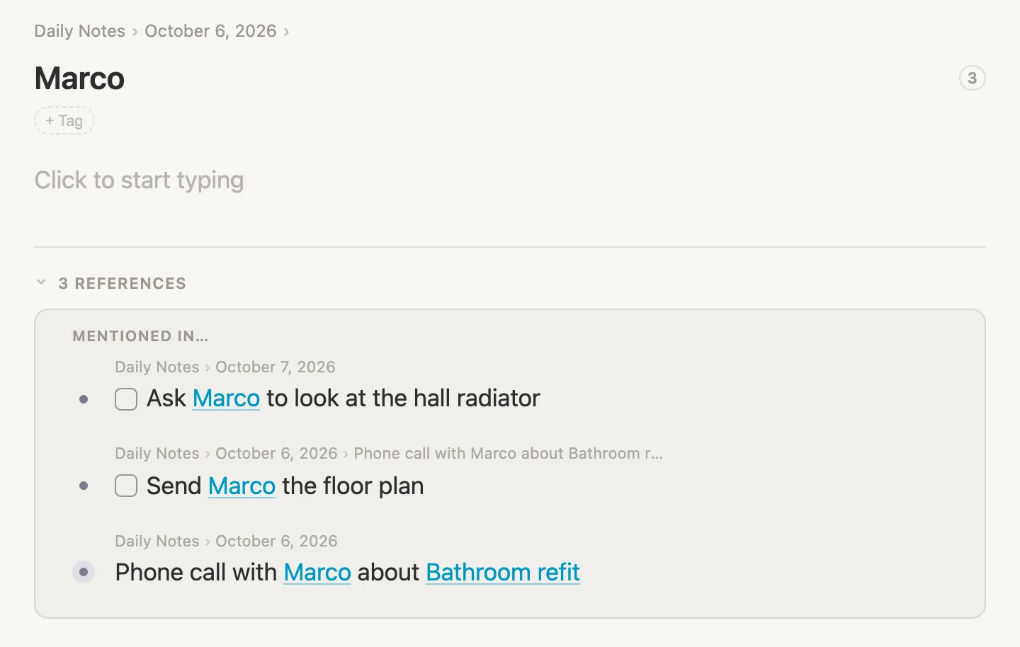 Marco's page with 3 References at the bottom: the hall radiator, the floor plan and the phone call