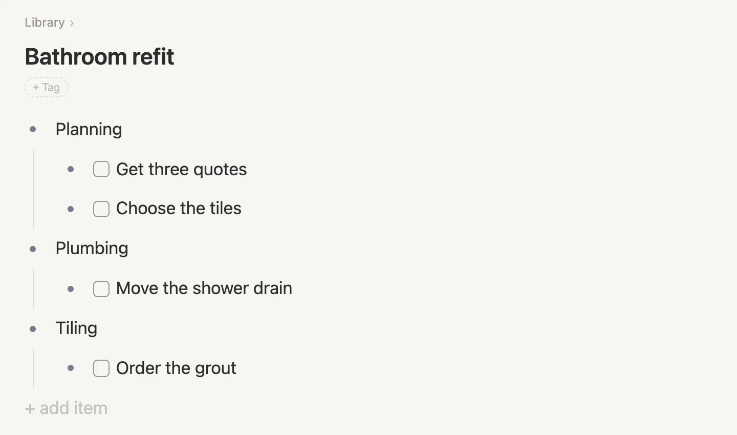 Bathroom refit in the Library: Planning, Plumbing and Tiling, with four tasks nested under them