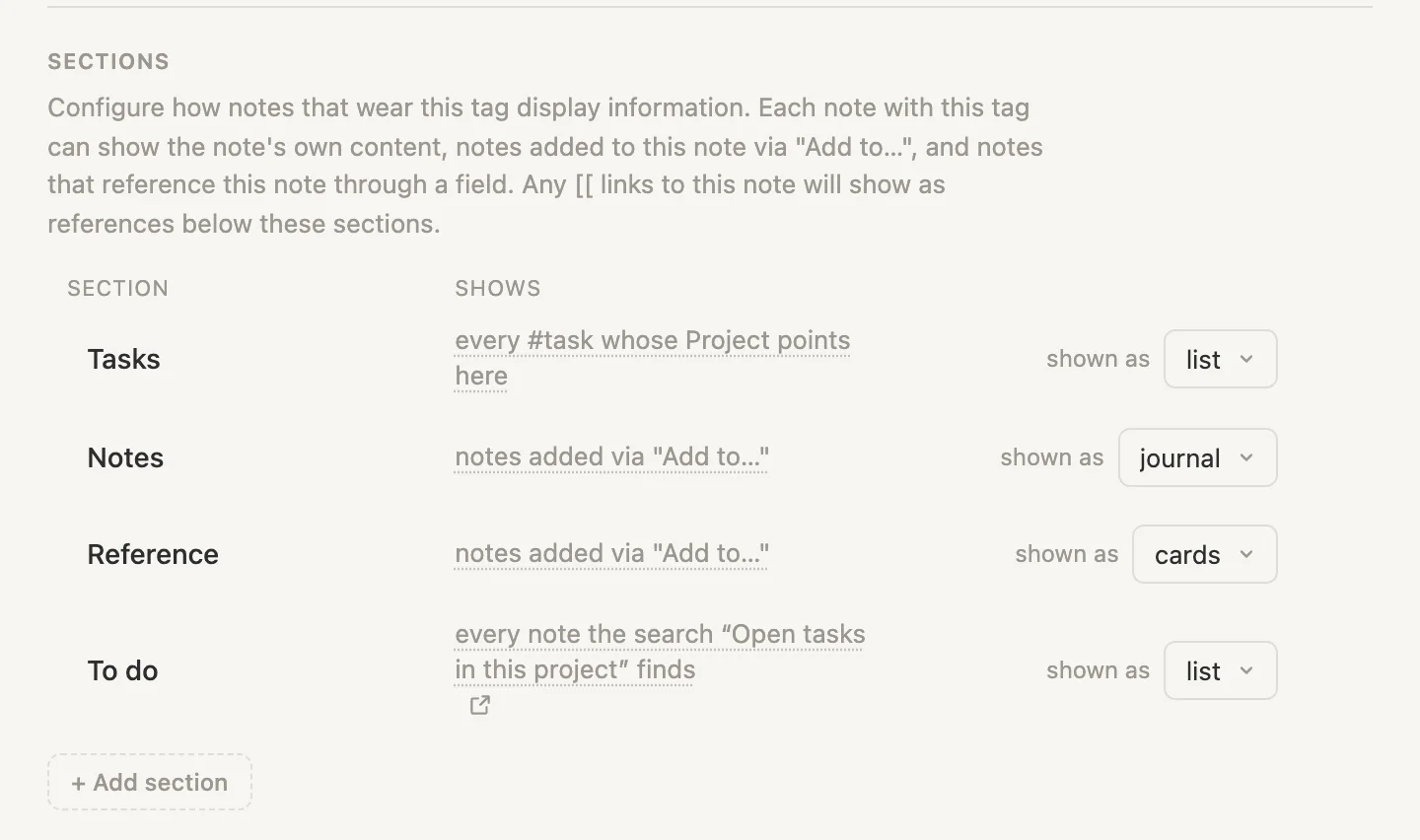 The Sections list on the project tag: Tasks, Notes, Reference, and the new To do, showing every note the search Open tasks in this project finds