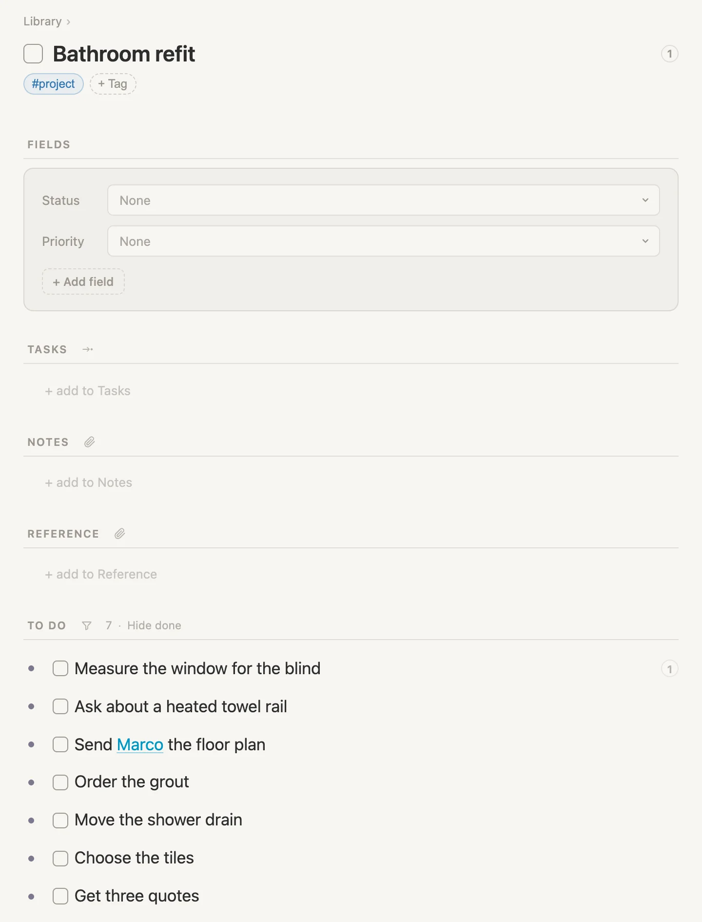 The Bathroom refit page, its To do section listing seven open tasks gathered from the project, a mirror and a phone call
