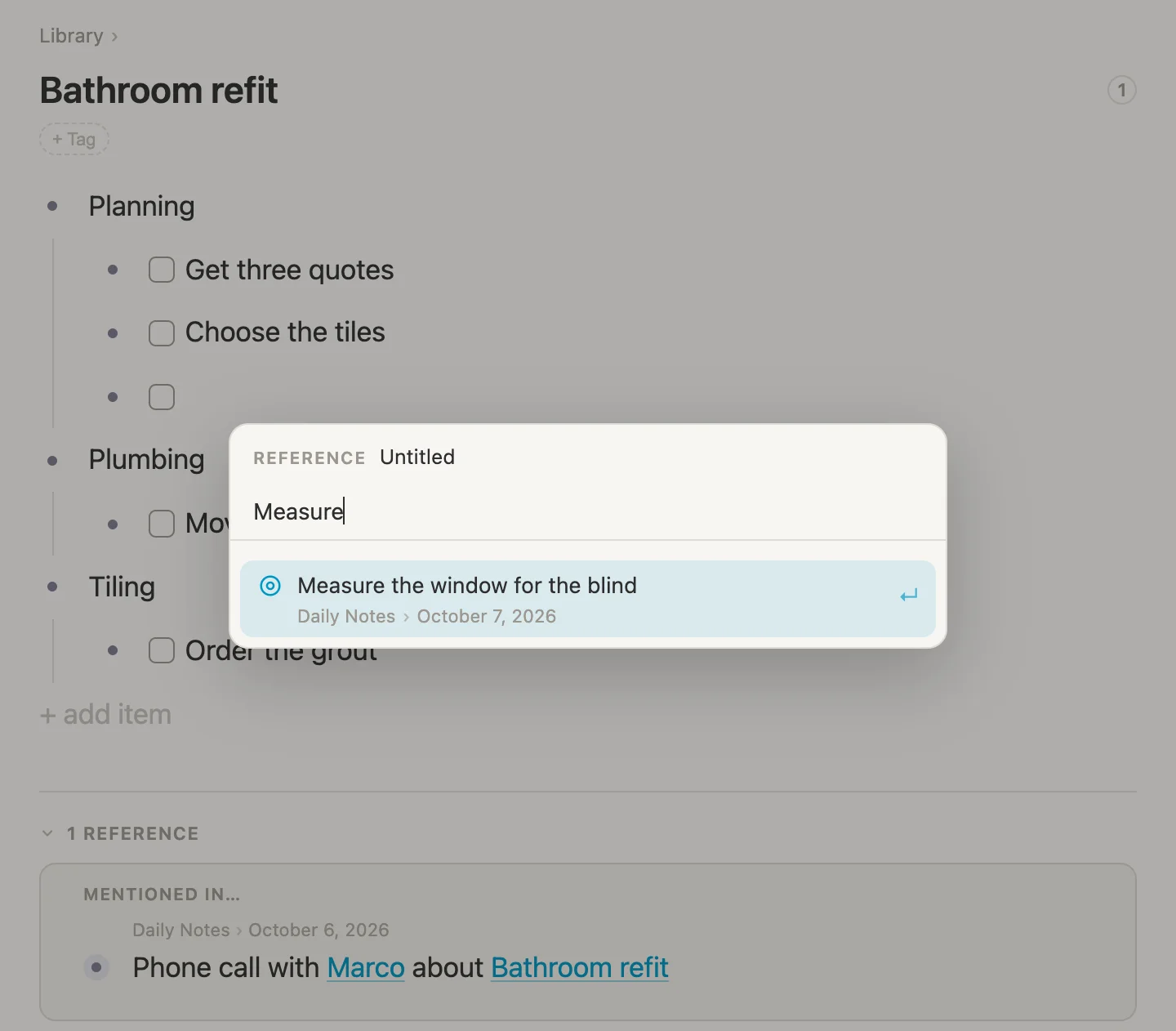 The Reference picker over the Bathroom refit page, with Measure the window for the blind found on October 7