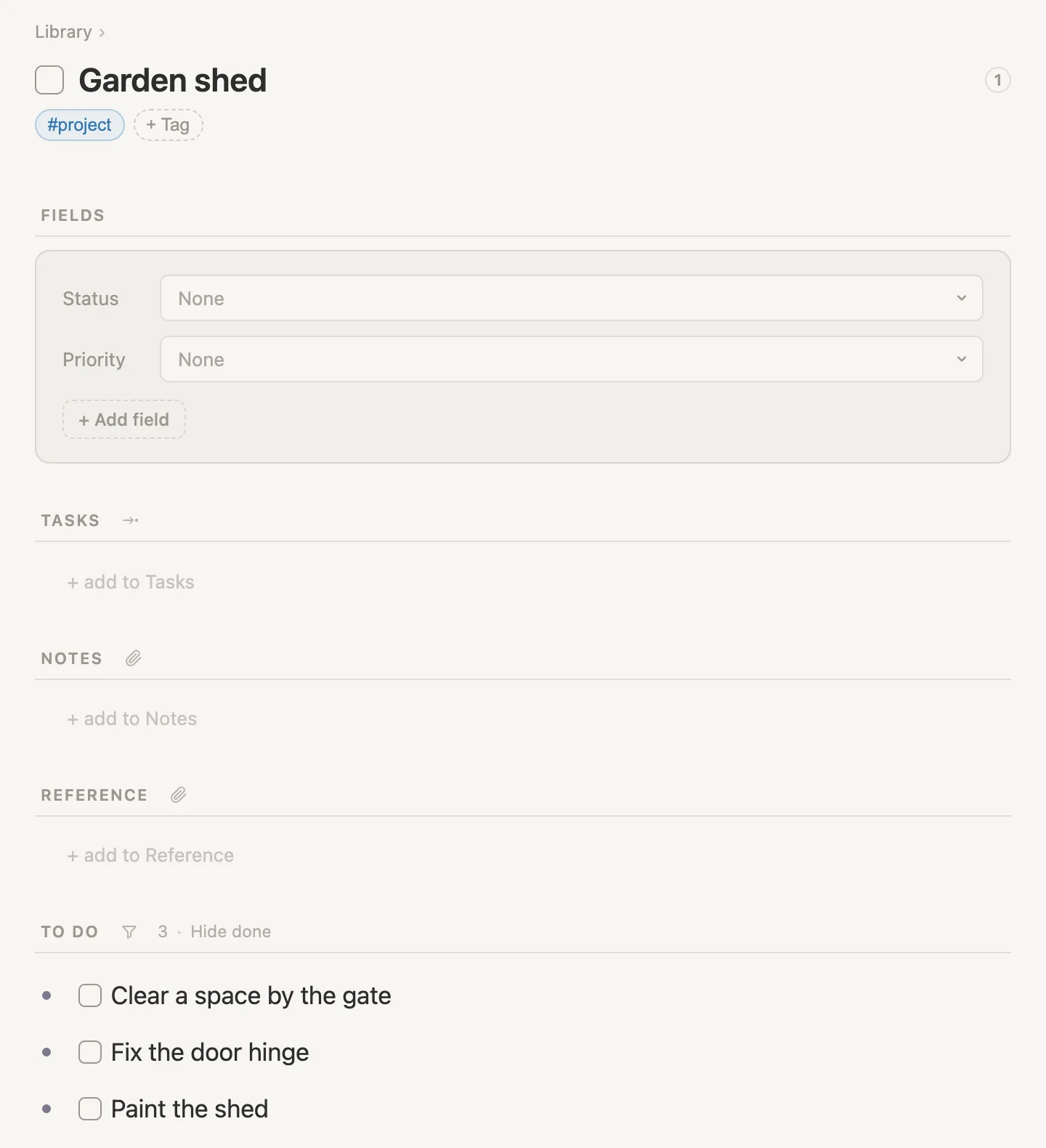 The Garden shed page with its To do section listing three open tasks