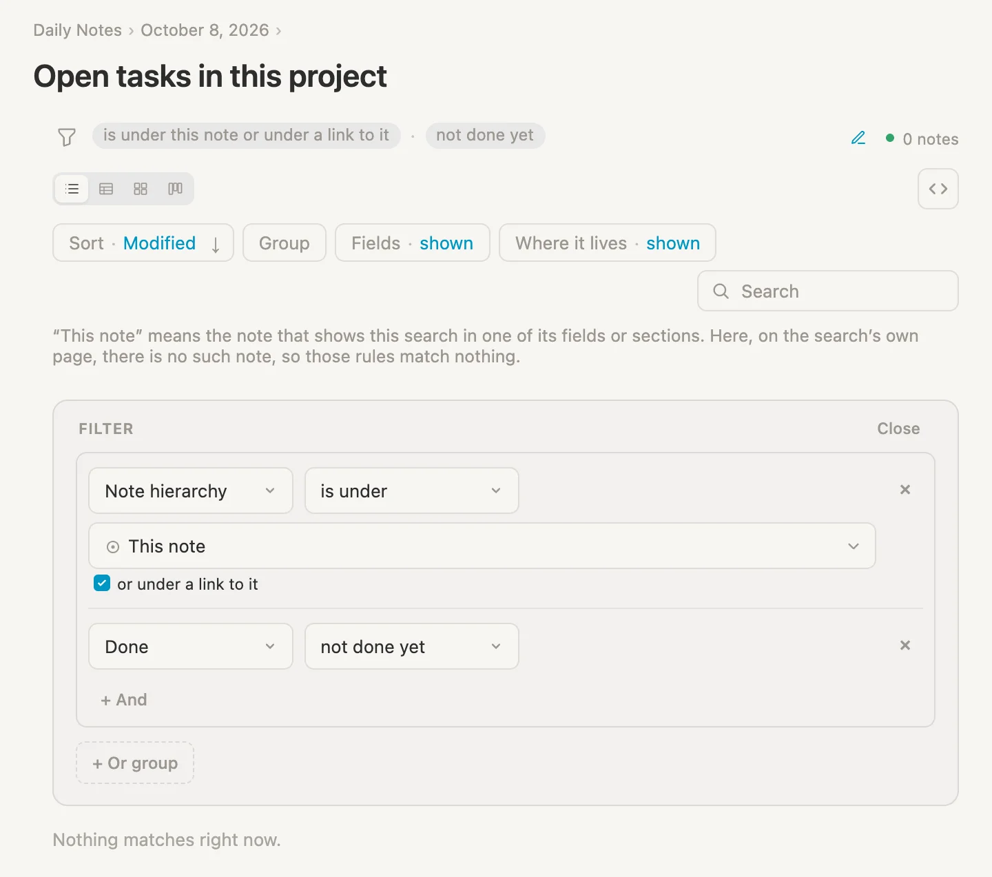 The search Open tasks in this project: is under This note or under a link to it, not done yet, and nothing found, with a line explaining why