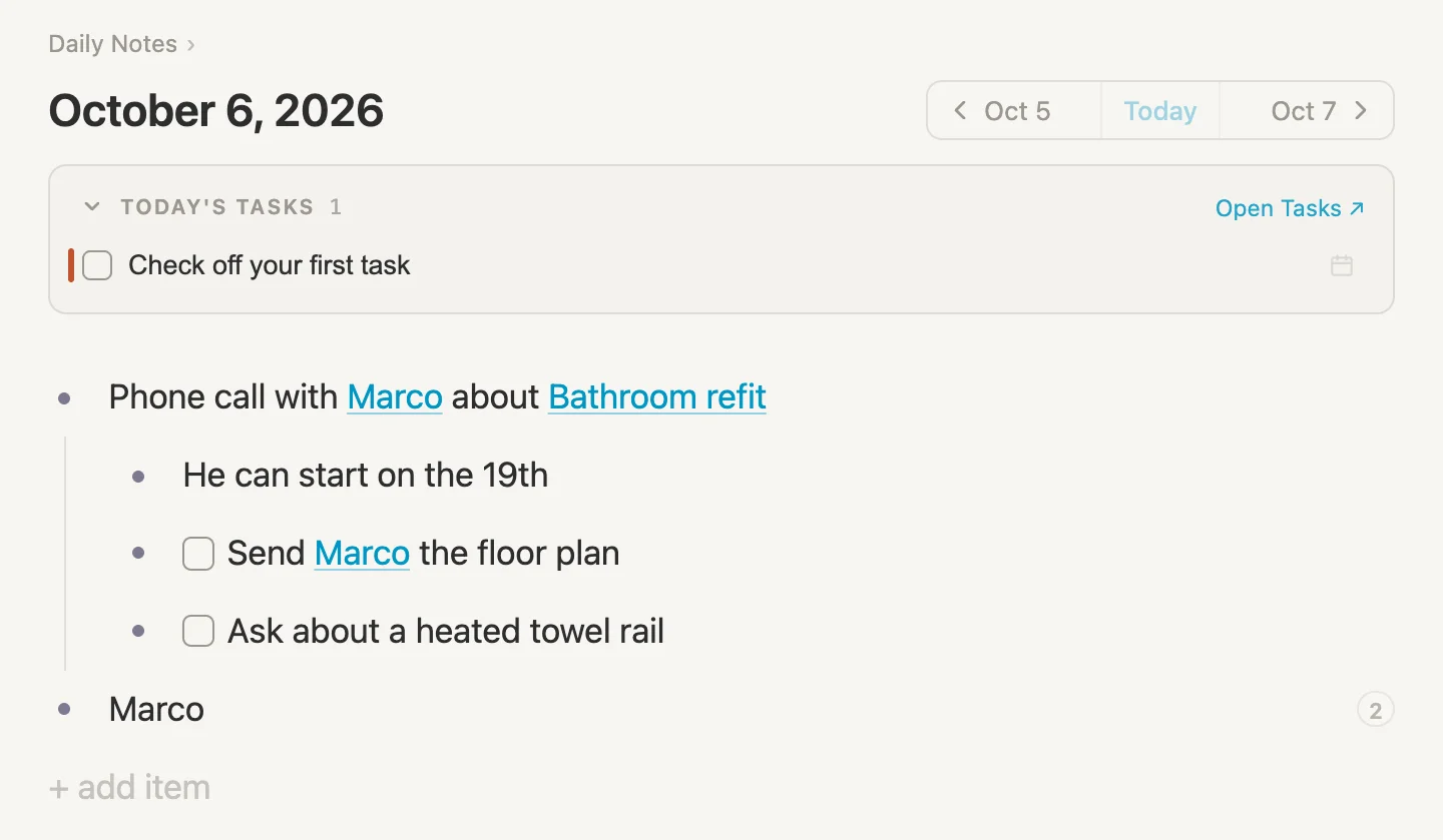 Tuesday's daily note: the phone call line with three lines under it, two of them tasks, and Marco's new note at the end