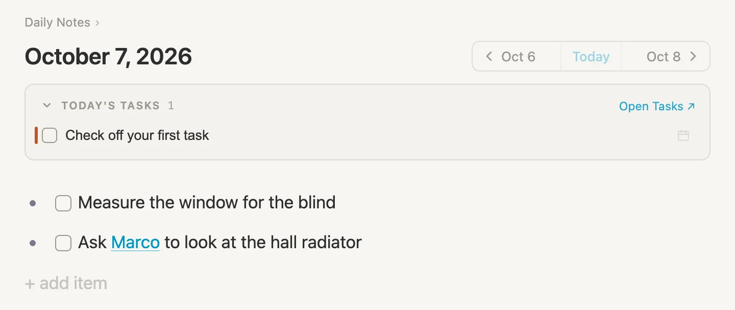 Wednesday's daily note with two tasks: measure the window for the blind, and ask Marco to look at the hall radiator