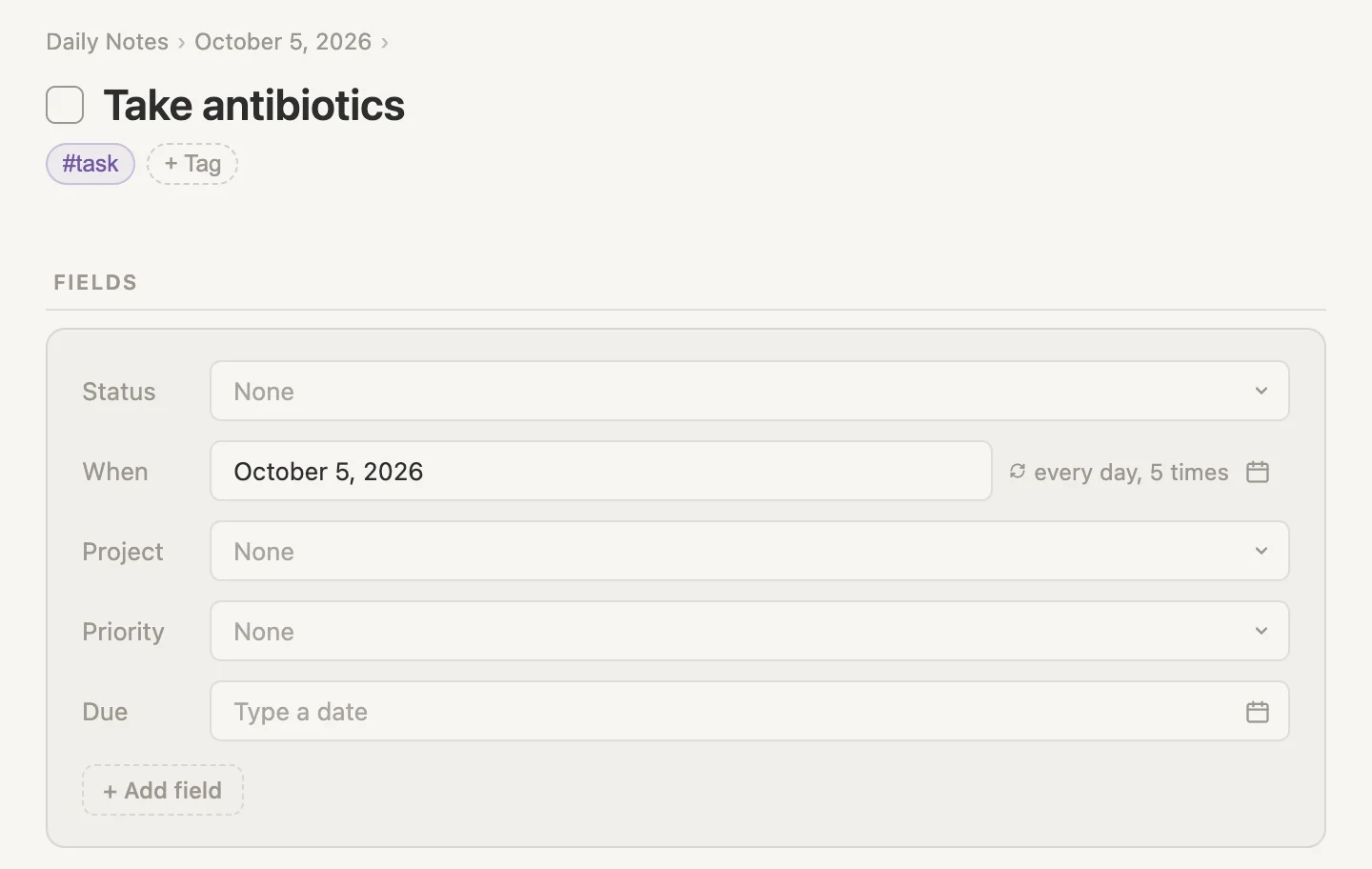 Take antibiotics with When October 5, 2026 and every day, 5 times beside it