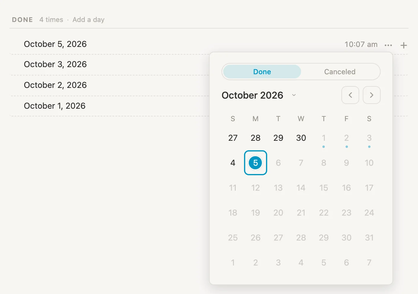 The Change the day month: Done selected, October 5 ringed, the 1st to the 3rd faint with a dot