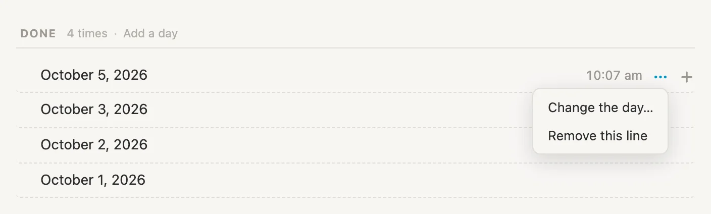 The menu on a Done line: Change the day and Remove this line