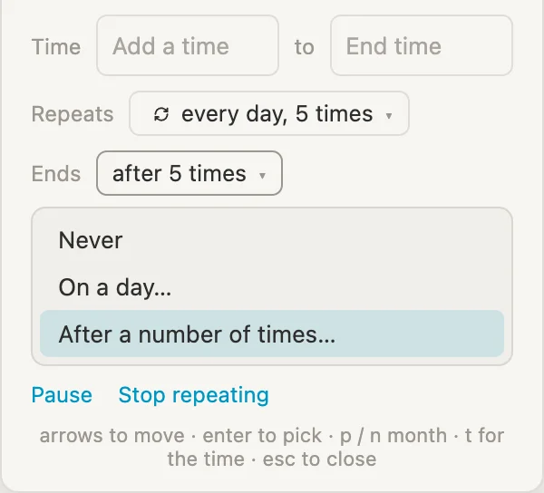 The Ends menu: Never, On a day, After a number of times