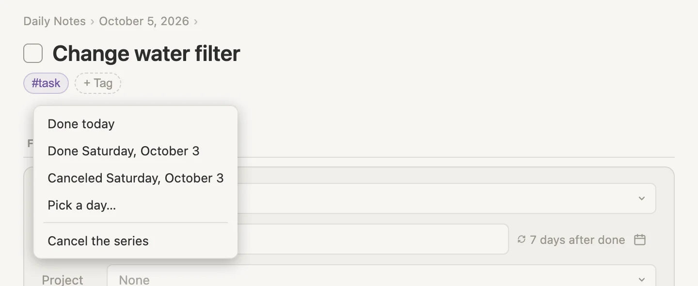 The menu on Change water filter: Done today, Done Saturday, October 3, Canceled Saturday, October 3, Pick a day, and Cancel the series