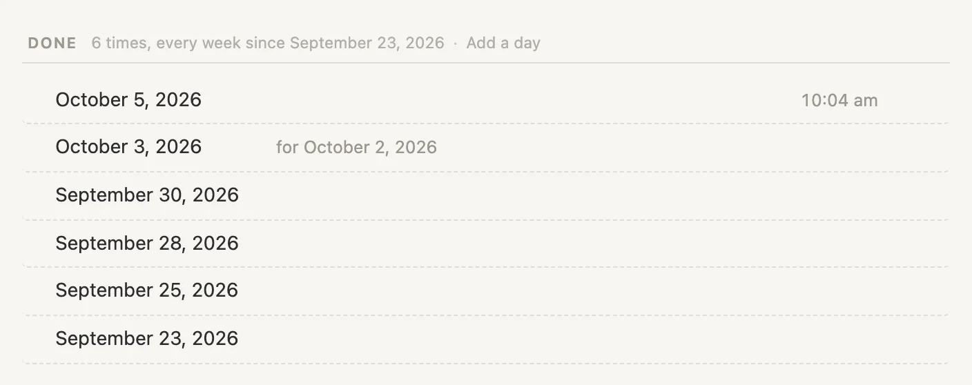 Gym's Done list with September 30 now done, no longer struck through