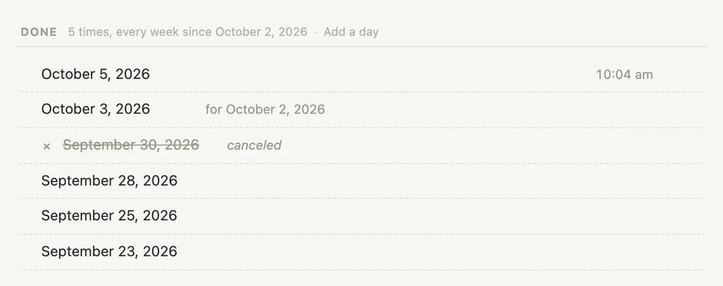 Gym's Done list: October 5, then October 3 for October 2, then September 30 struck through and canceled, then the ticks before