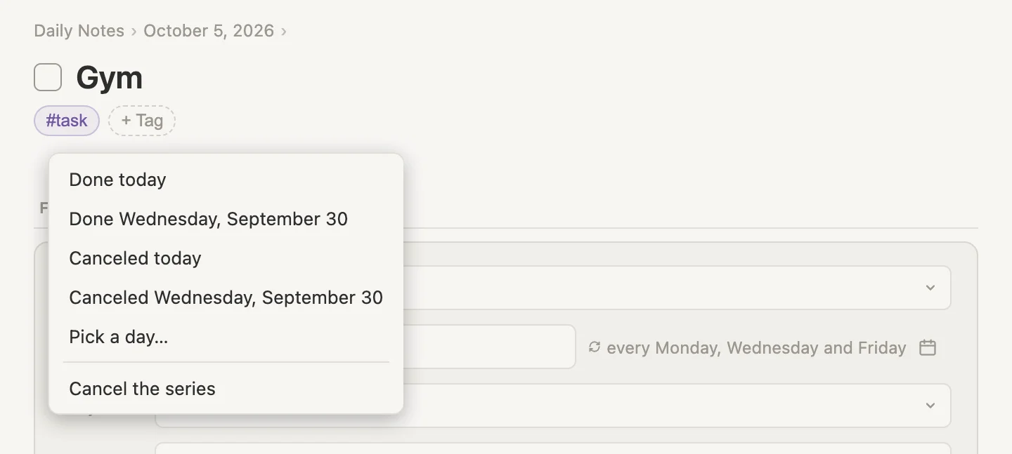 The menu on Gym's checkbox: Done today, Done Wednesday, September 30, Canceled today, Canceled Wednesday, September 30, Pick a day, and Cancel the series
