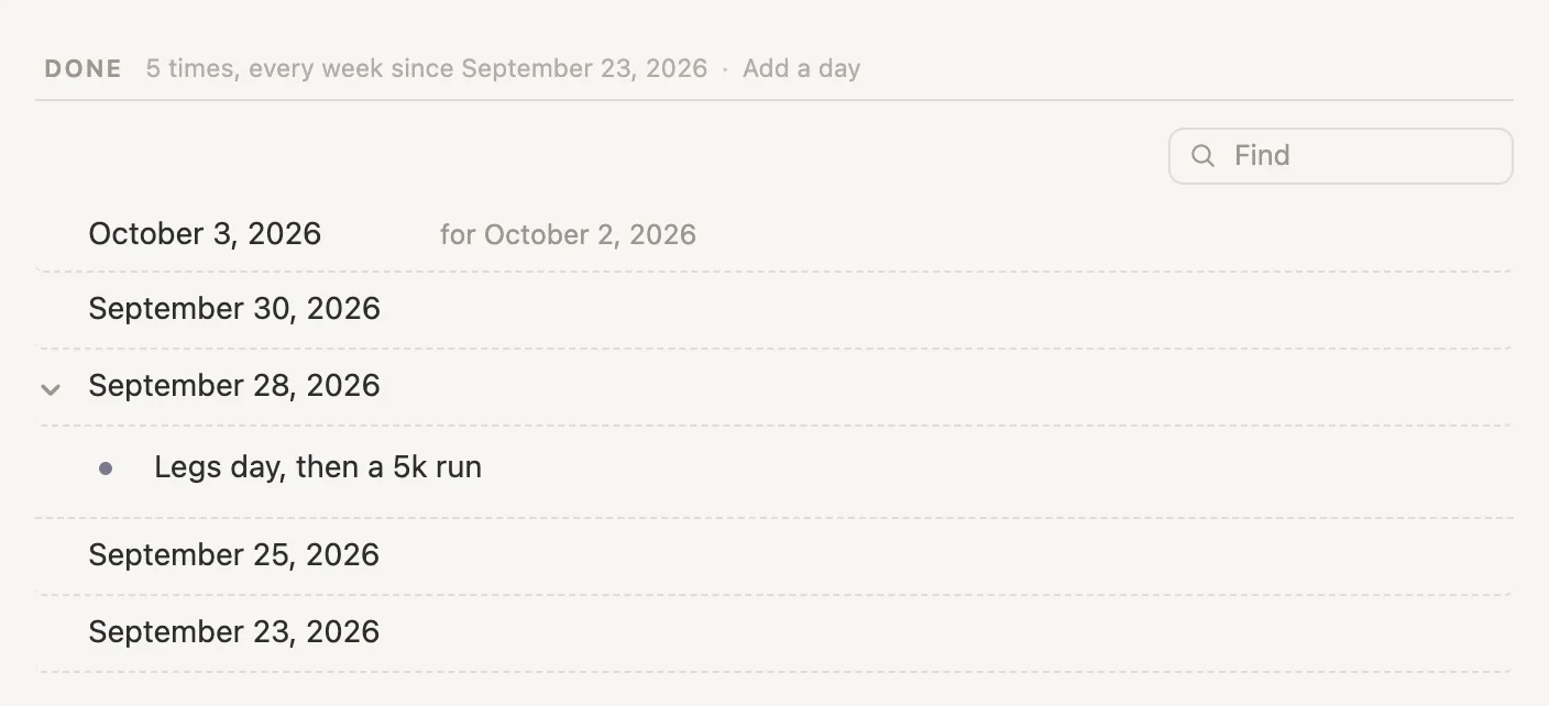 Gym's Done list with Legs day, then a 5k run as a note under September 28, 2026
