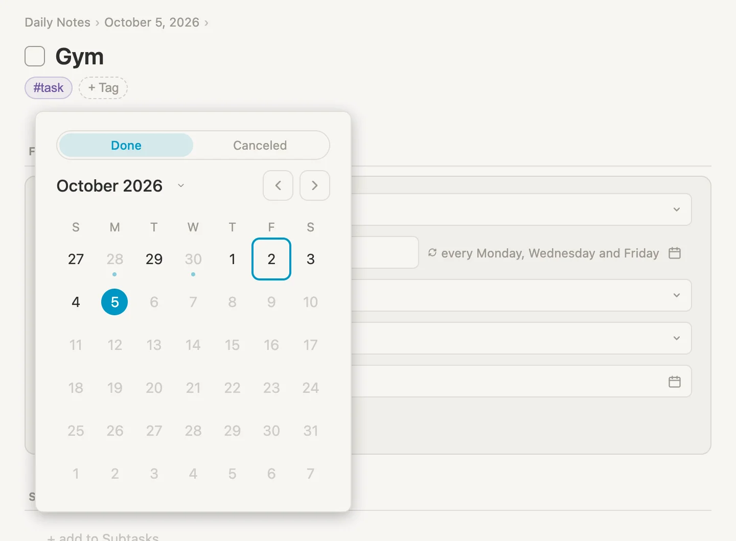The Pick a day month: Done selected, October 2 ringed, today filled in, September 28 and 30 faint with a dot under each