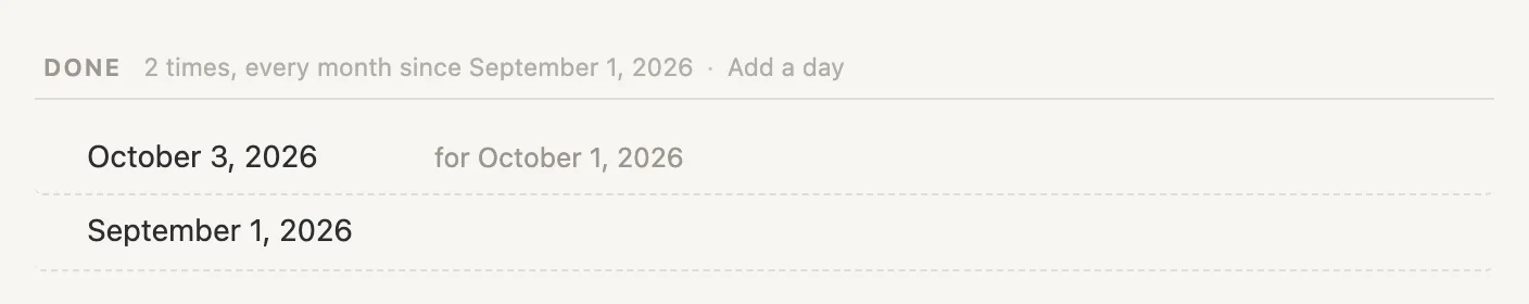 Pay rent's Done list: October 3 for October 1, then September 1