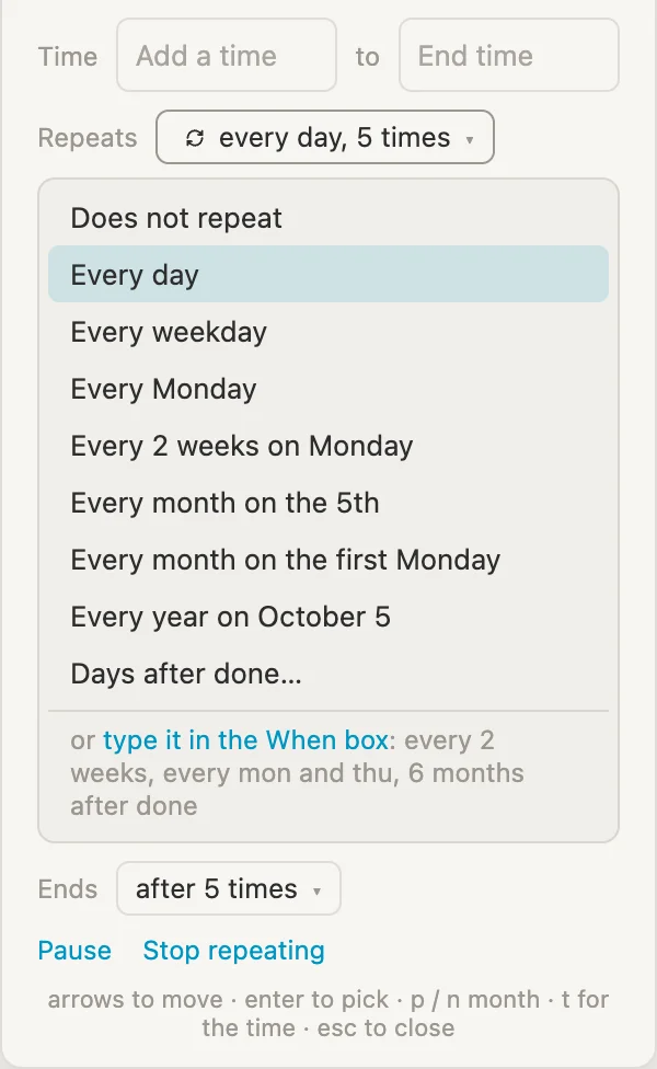 The Repeats menu: Does not repeat, Every day, Every weekday, Every Monday and more, then a line pointing at the When box