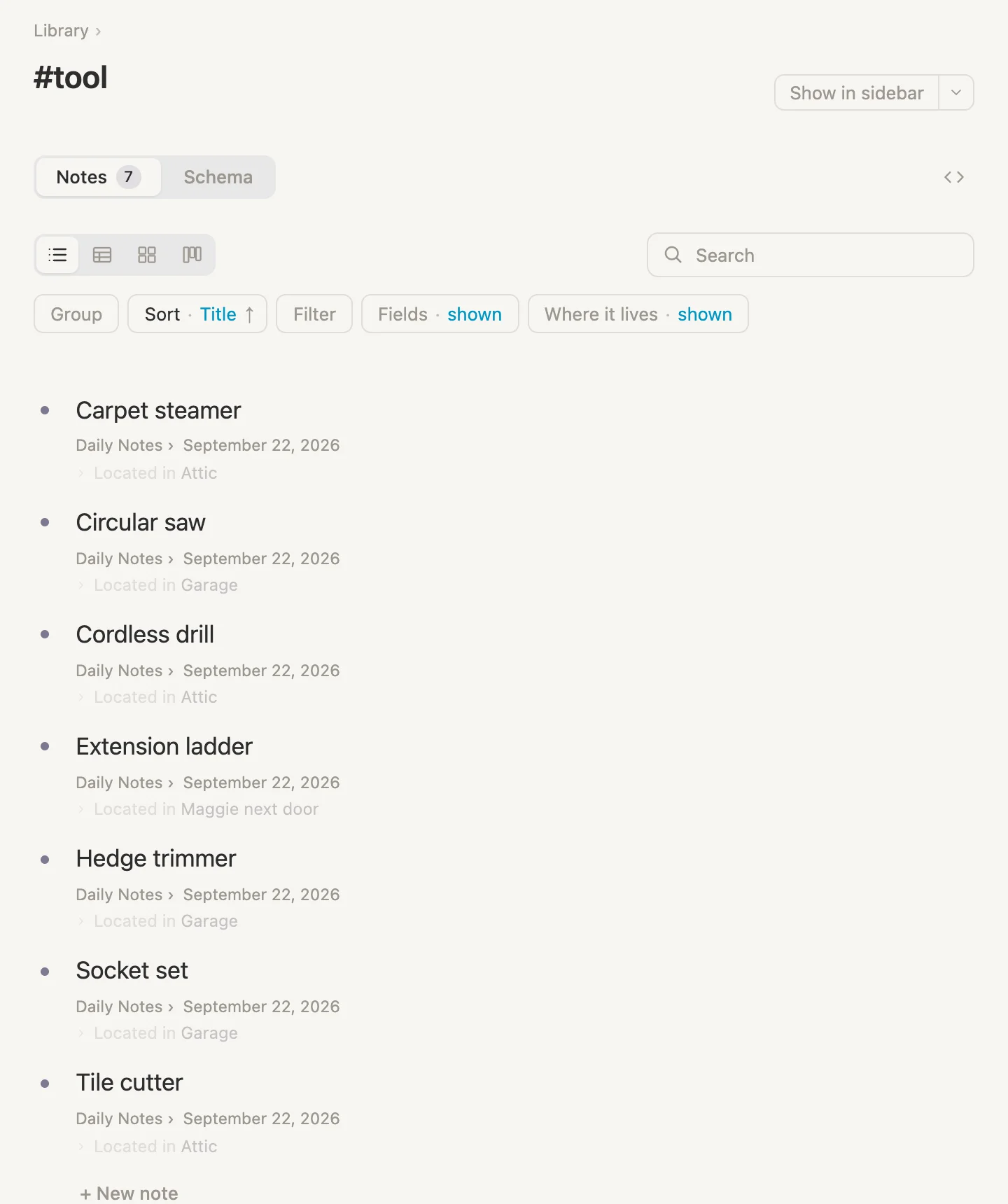Every tool in one list, each with its place underneath