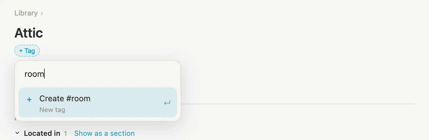 The attic page, creating the room tag from + Tag