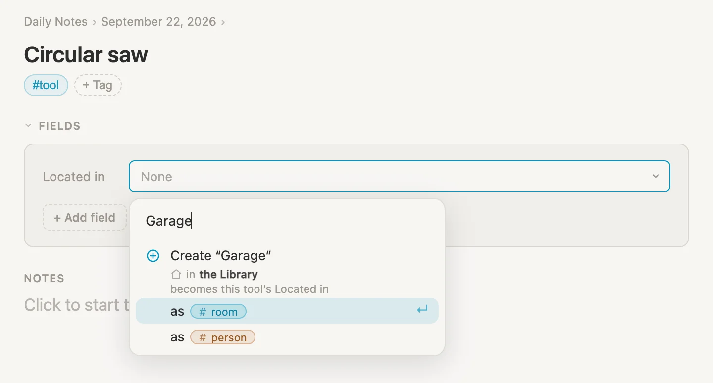 The picker offering to create the Garage as a room or as a person