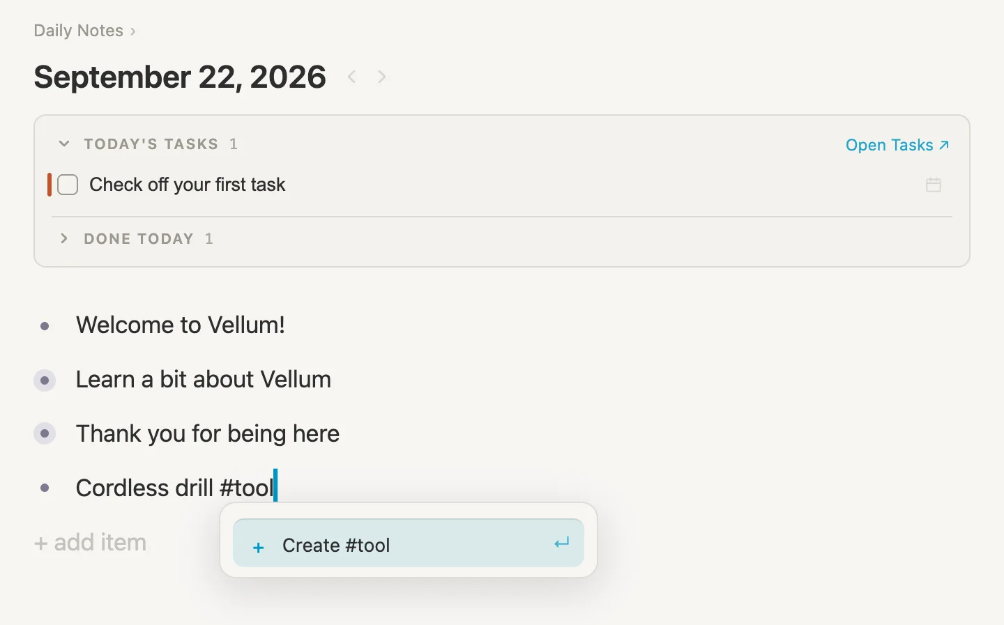 Today's page, with Create #tool offered under the new line