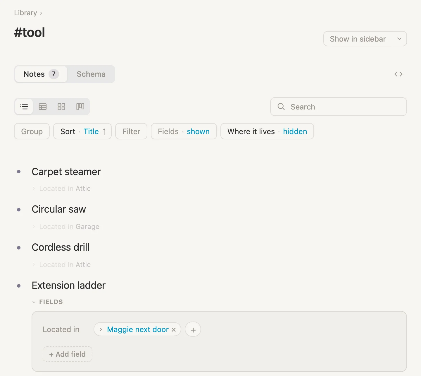The ladder's fields opened in the tool list