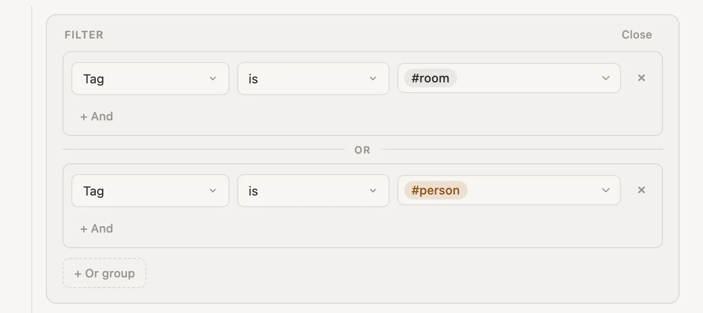 The search rules: tagged room, OR, tagged person