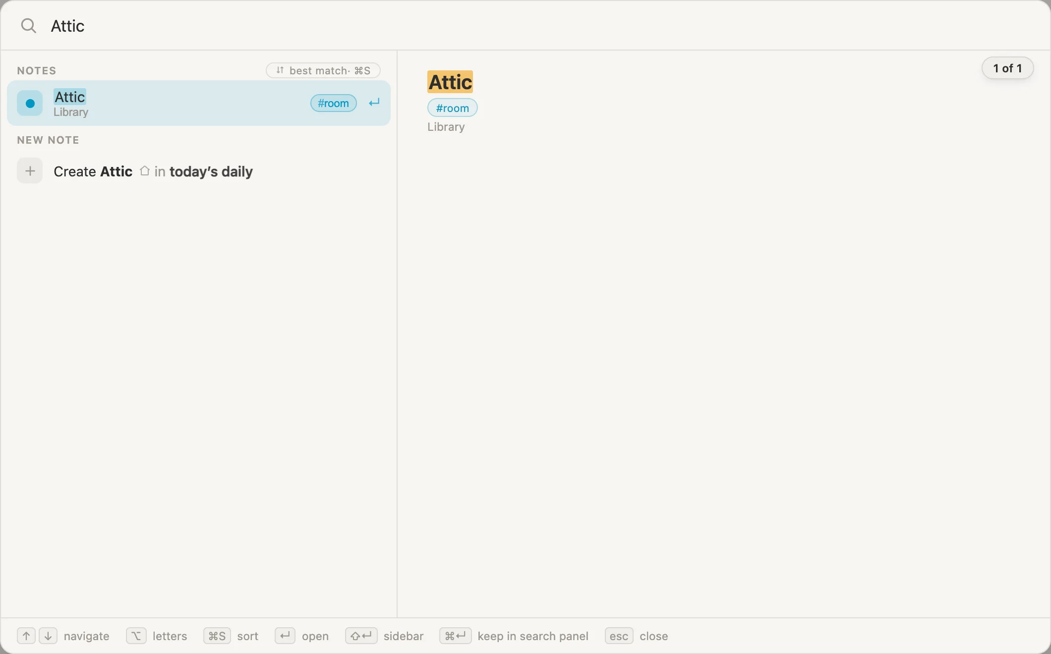 The search box with Attic found, and the sidebar hint along the bottom