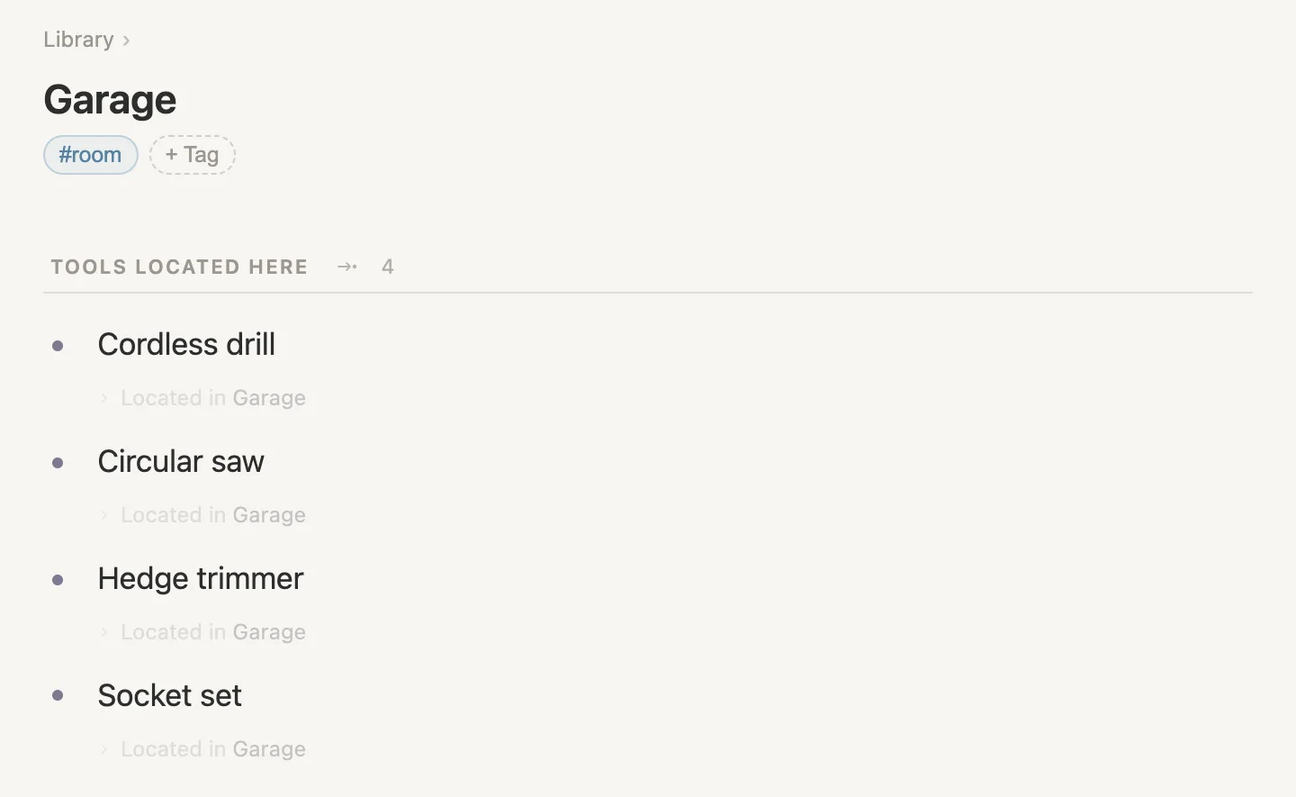 The Garage page, listing the four tools that are in it