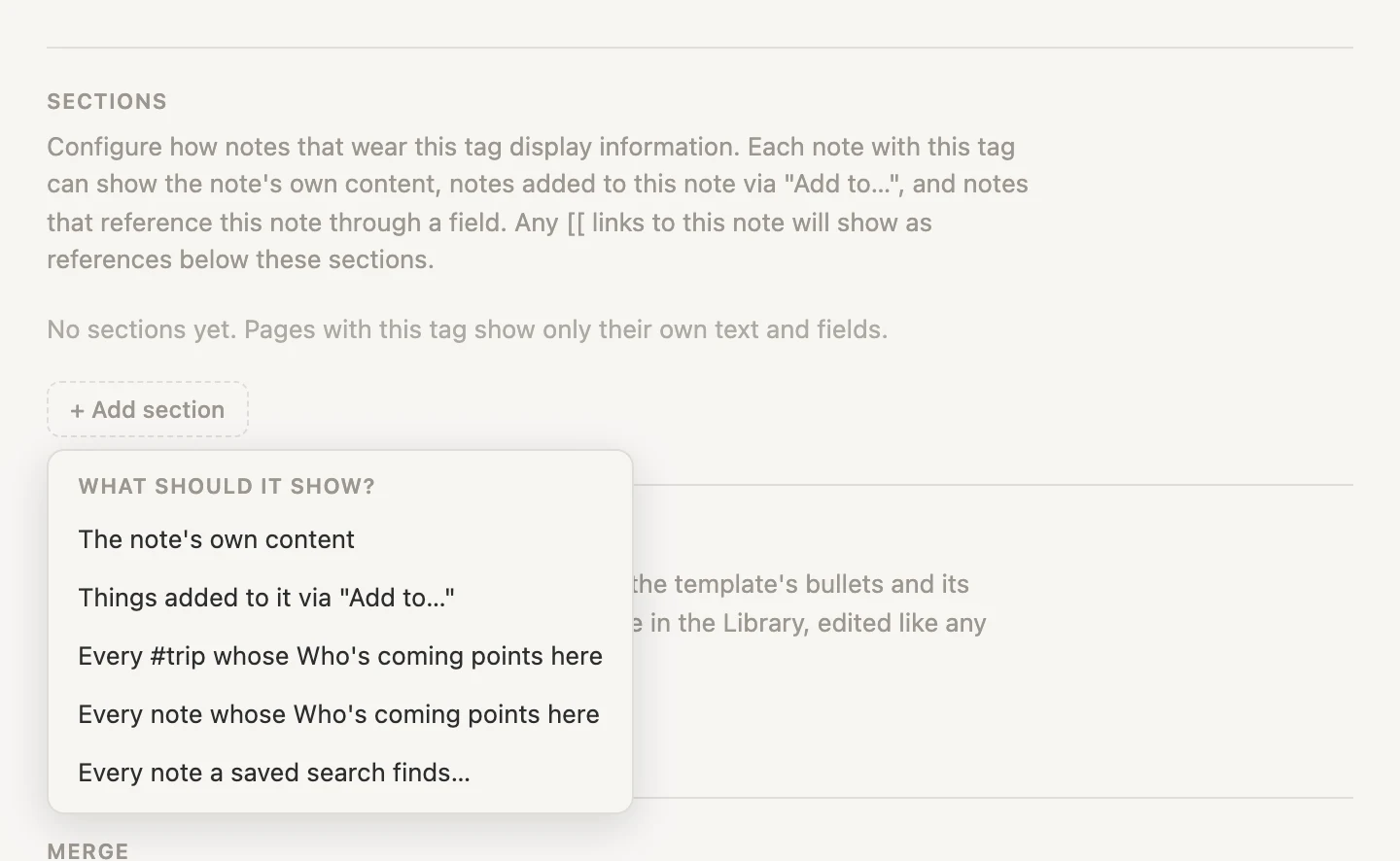 The Add section menu on the person tag, offering the trip rollup