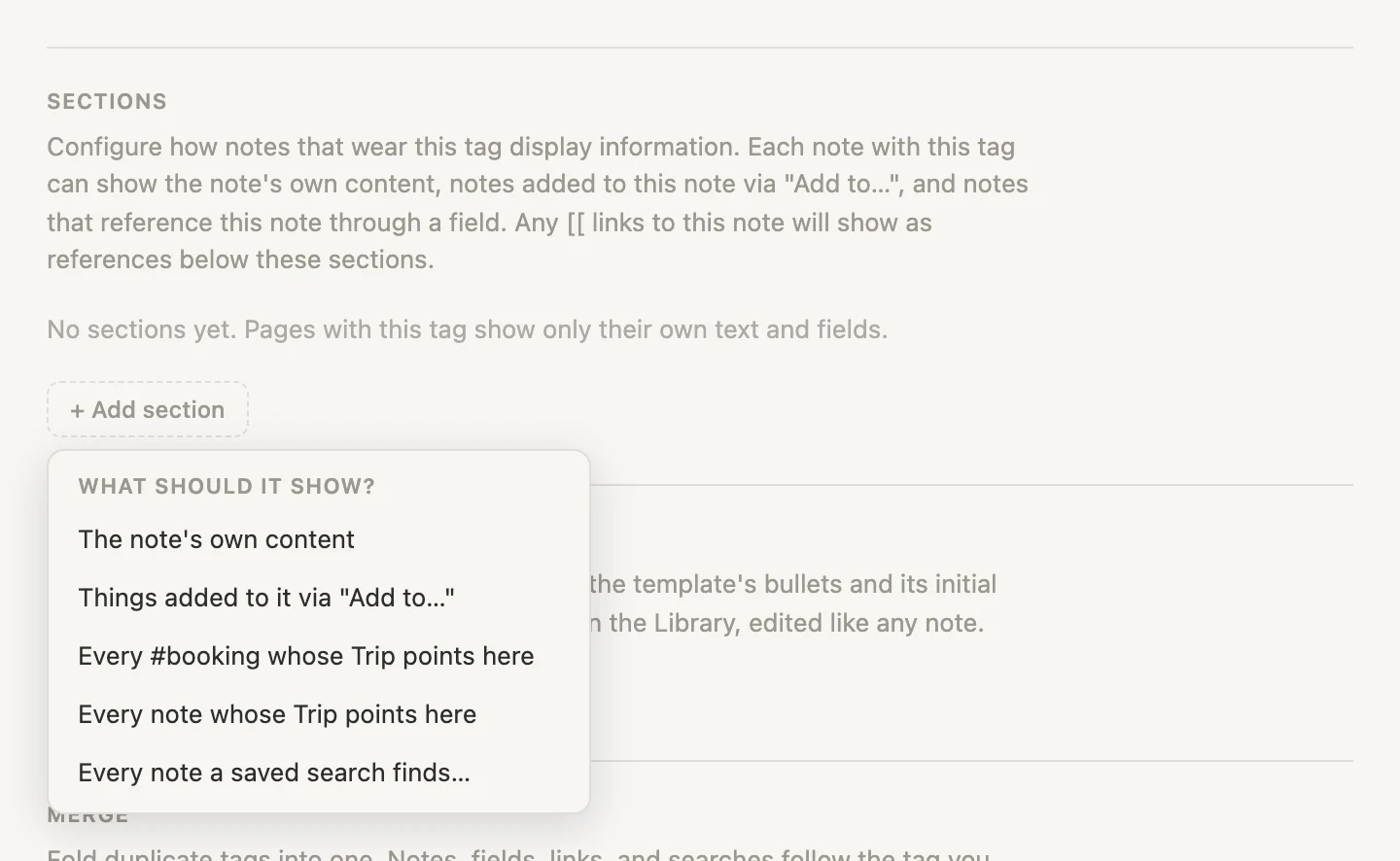 The Add section menu, listing where a section's contents can come from