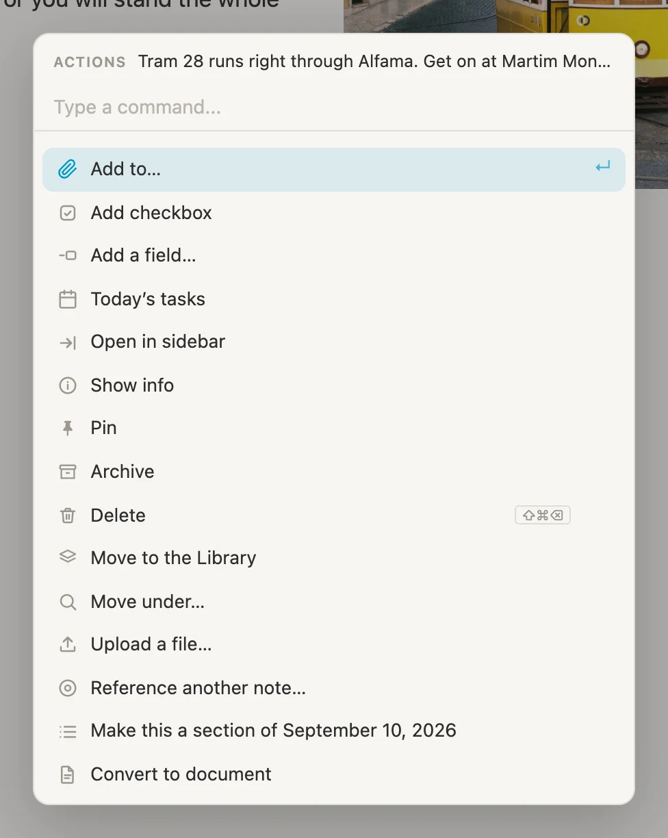 The Cmd-K menu on the note, with Add to at the top